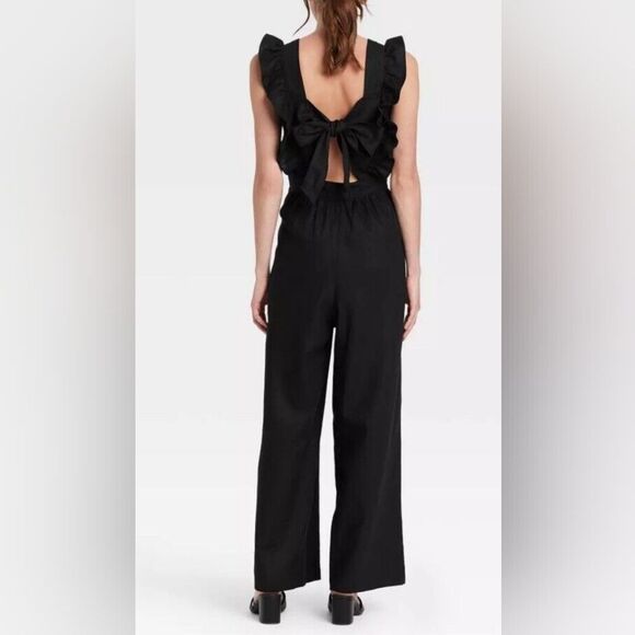 Who What Wear Jumpsuit Womens Size Large Black Ruffle Linen Rayon Summer Resort - Picture 12 of 12
